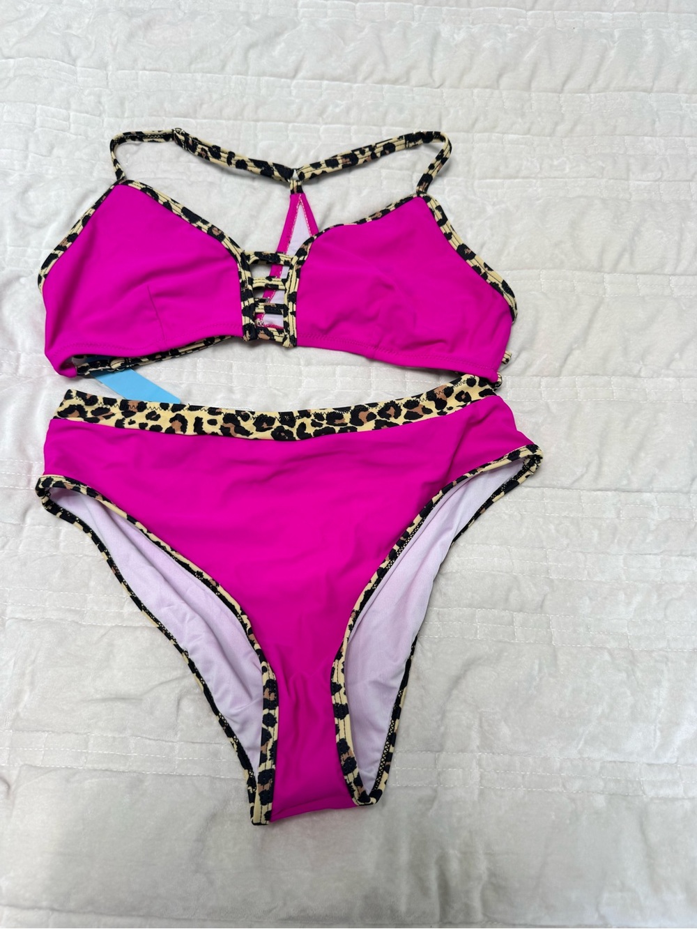 Magenta Leopard Trim High-Waist Bikini Set